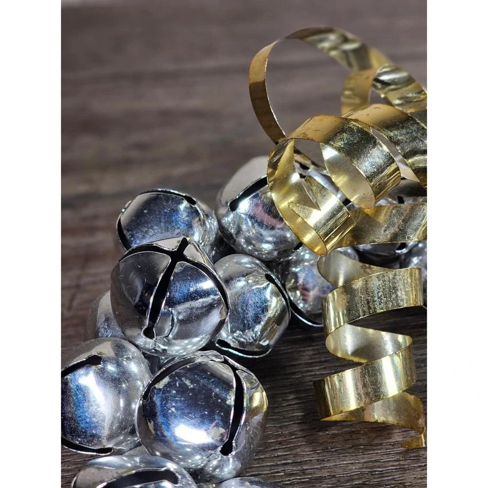Vintage Silver Jingle Bell Wreath Gold Bow Christmas Door Decor